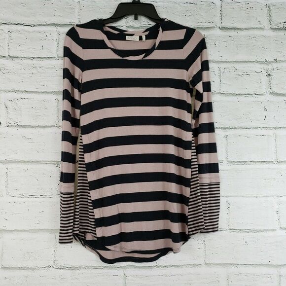 LOGO by Lori Goldstein Knit Stripe Top  Contrast Side Long Sleeve shirt - Picture 1 of 8